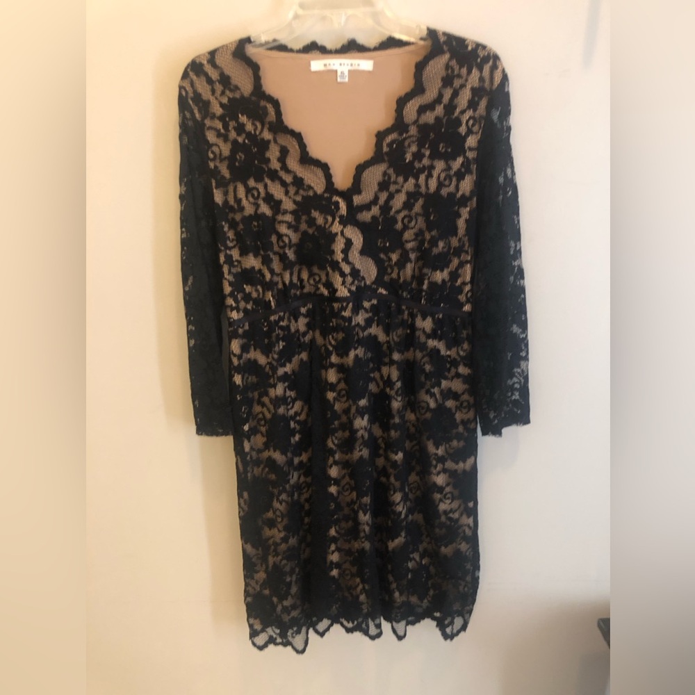 Max Studio Black Lace Overlay Nude Sheath Dress